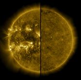The image shows the sun during solar maximum on the left and solar minimum on the right.